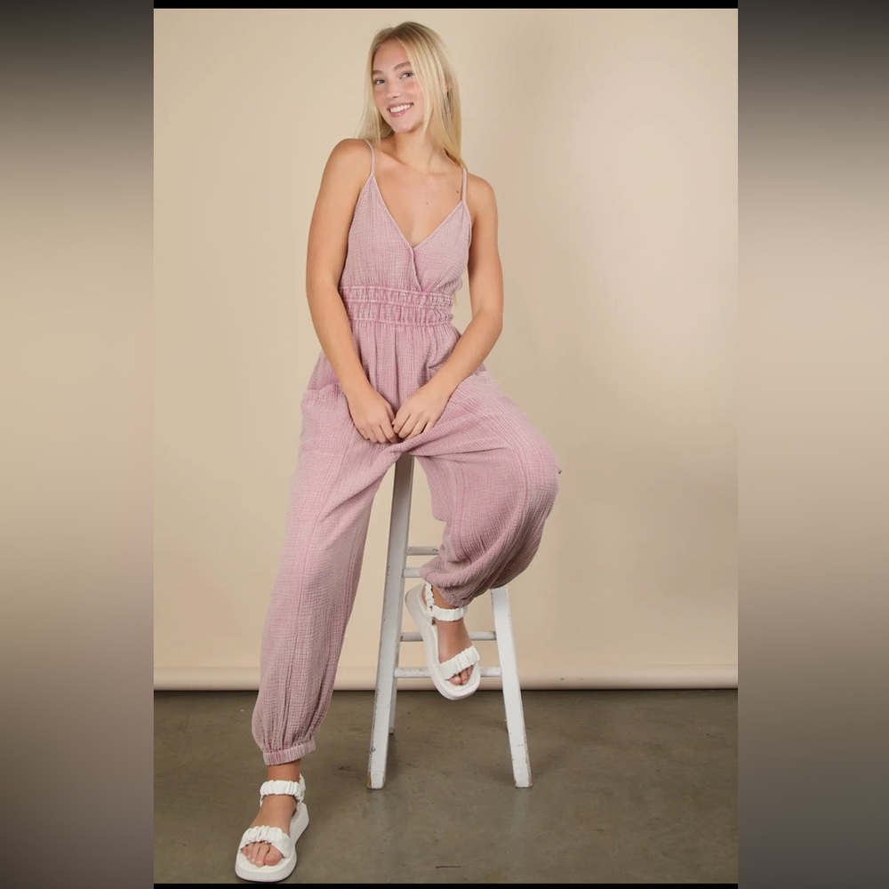 Mineral Washed Cotton Gauze Casual Jumpsuit- Mauve